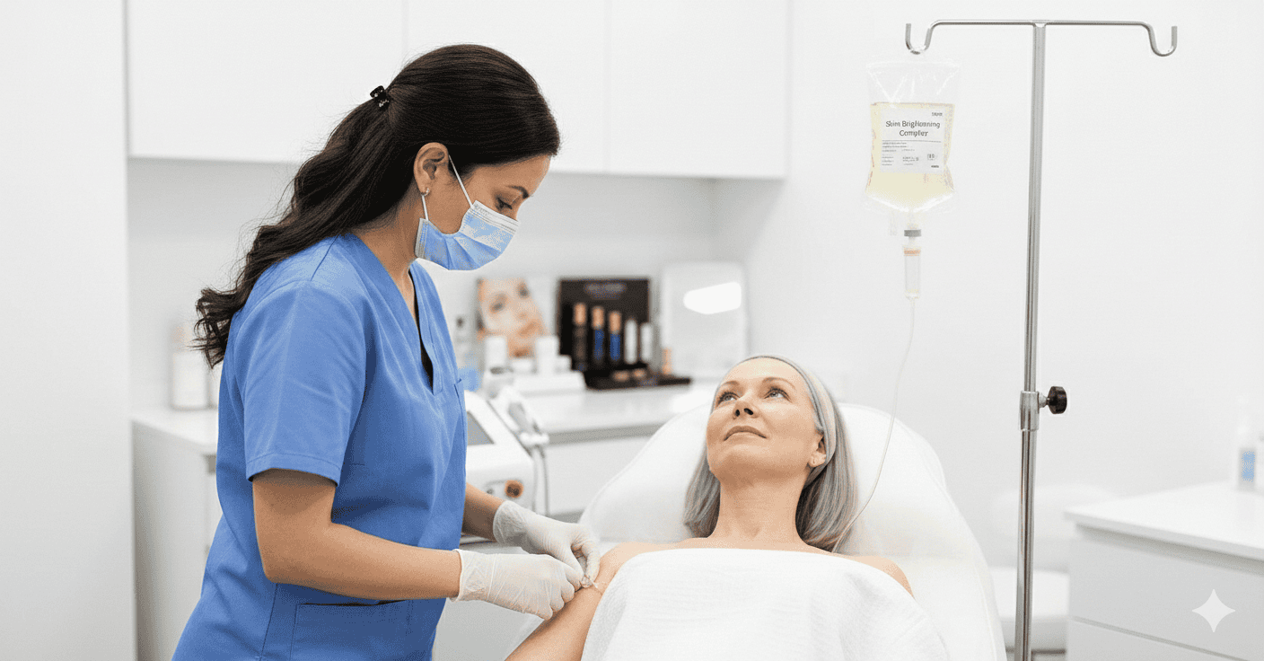Female patient receiving skincare consultation from a professional nurse in a clinic.