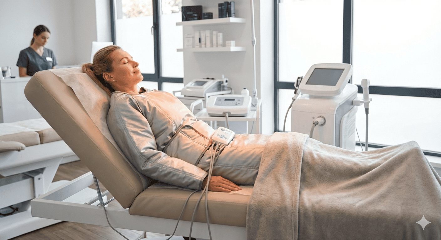 Woman receiving body slimming treatment in a modern clinic setting.