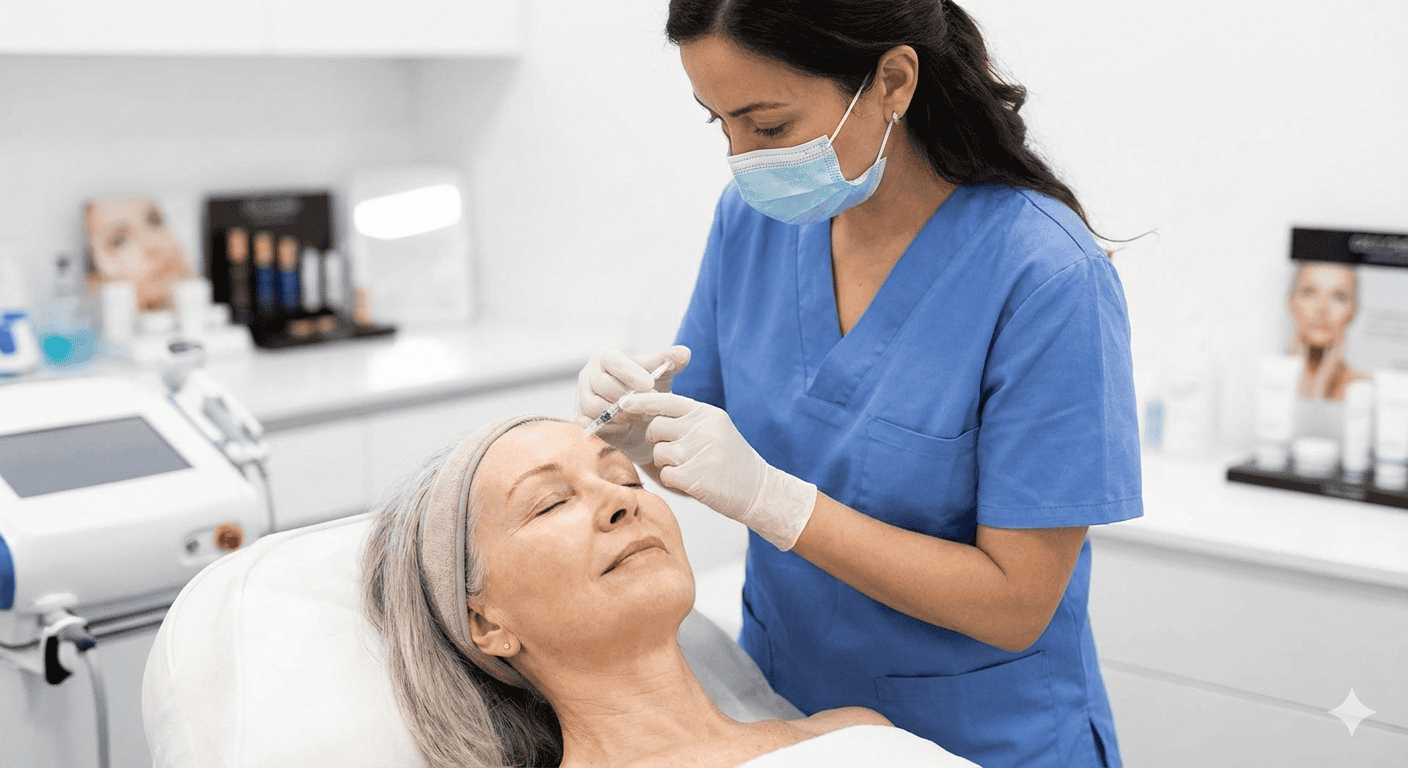 Female patient receiving dermatology treatment from a healthcare professional in a clinic setting.