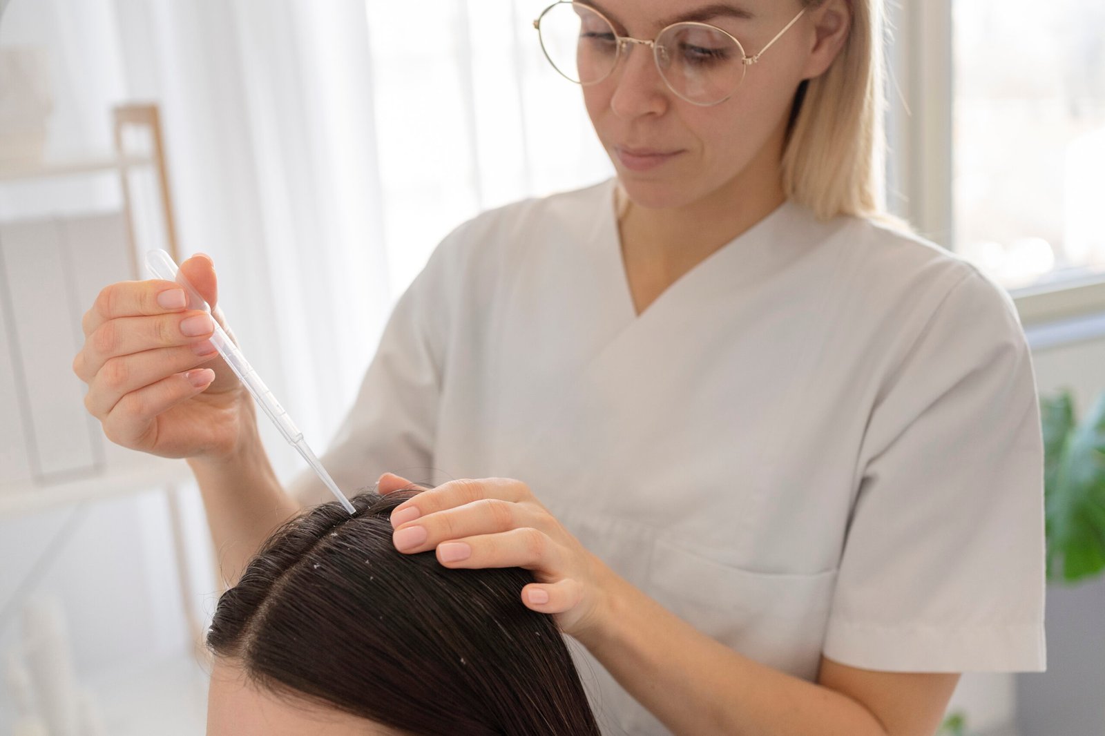 Female doctor performing hair transplant with a pipette on patient.