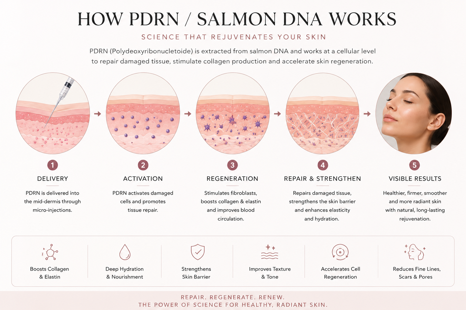 PDRN Salmon DNA injection treatment process infographic at Sasha Aesthetic Clinic